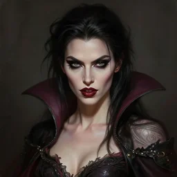 photorealistic portrait of a young butch vampire woman, handsome, female, masculine, upper body, fantasy, fierce, sharp features, intricate, elegant, highly detailed, digital painting, artstation, concept art, matte, sharp focus, illustration, art by artgerm and greg rutkowski and alphonse mucha