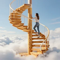 a woman climbing spiral stairs that are made of cookies, rising above and over the clouds