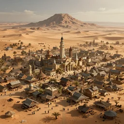 large densely packed bustling old western style city in the middle of a sandy flat desert with a single mountain on the very distant horizon. magic the gathering art, digital media