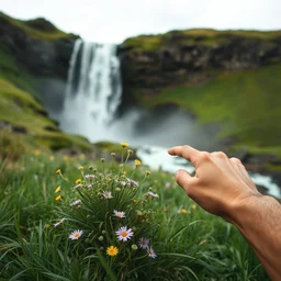 in the foreground a realistic human hand points at clump of grass and flowers, in the background a rushing waterfall