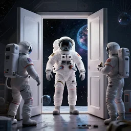 4 k, hyper - realism, distant shot, extra - details, 3 d, b blender, psychedelic astronaut opening door that leads to the universe.