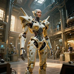 a big factory room making a cybernetic symbiosis, cybernetic mech cyberpunk woman, organic ceramic fractal forms, golden hour lighting, film still from the movie directed by denis villeneuve with art direction by wayne barlowe and salvador dali, wide lens, f 3 2,