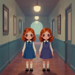 scary ginger twin girls standing in an endless hallway, illustration, cute but scary, digital art, unique, trending on artstation, artistic, symmetrical, inspired by wes anderson