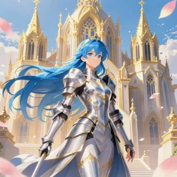 breathtaking detailed anime painting of a knight queen with long flowing blue hair, pastel flower petals flying, at dawn in front of a pristine golden art nouveau cathedral, art by pilyeon, elegant, volumetric lighting, highly detailed, artstation, concept art, matte, sharp focus,