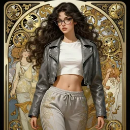 girl in very short white! top and very short gray! leather jacket, open belly, long dark curly hair, sports glasses on the hair, high waist sweatpants, intricate, elegant, highly detailed, digital painting, artstation, concept art, smooth, clockwork, sharp focus, illustration, metart, art by artgerm and greg rutkowski and alphonse mucha, 8 k