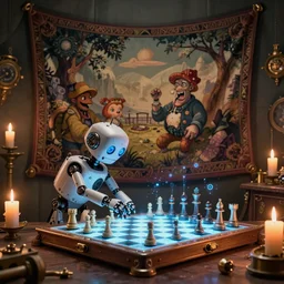 a beautiful tapestry, a small robot playing a futuristic holographic chessgame, ultra detailed, atmospheric lighting, steampunk, moody, candles, characters from machinarium, by don bluth, trending on artstation, octane render, 8 k, ultra realistic