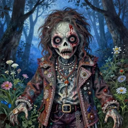 a pretty but sinister and creepy monster in layers of fear decoupage, with haunted eyes, wearing punk clothing, violence in his eyes, 1 9 7 0 s, seventies, delicate embellishments, a little blood, woodland, blue dawn light shining on wildflowers, painterly, offset printing technique, by mary jane ansell