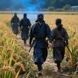 illustration cinematic ronins walking through field of rice, highly detailed digital art masterpiece, smooth vitaly bulgarov eric zener dramatic blue light, ground angle uhd 8 k, sharp focus