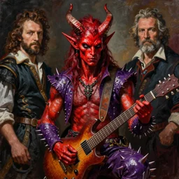 a tiefling with brilliant red skin and horns, wearing purple. leather and spiked boots. guitar. heavy metal. edgar maxence and caravaggio and michael whelan and delacroix style, artistic, intricate painting, cinematic lighting, hyper realistic, extremely detailed, vivid colors, establishing shot, dramatic lighting