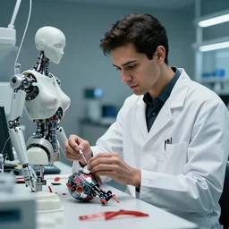 professional shot of a scientist thin ( ( latino ) ) male in his tech lab, developing some female humanoid parts. from love death and robots ( 2 0 1 9 ). coherent portrait, intricate, elegant, highly detailed, digital photo, trending on artstation, hdr photo, smooth, sharp focus
