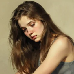 a beautiful portrait of a thin, tired young woman with long brown hair, by greg hildebrandt