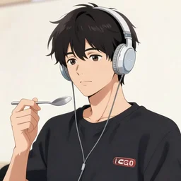 a portait of young man holding a spoon while listening to music, logo, high detail, in a style of anime
