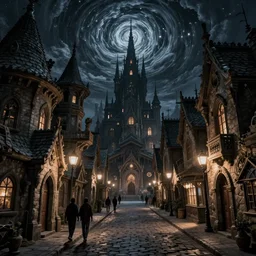 street level view of a lovecraftian town. lovecraft. lovecraftian city at night by cyril rolando and naomi okubo and dan mumford and ricardo bofill. lovecraftian buildings. cobbled streets. lovecraftian landscape. swirly night sky.