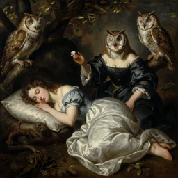 a painting of owls singing nightmares in the ear of sleeping maidens, by goya, by austin osmanspare, detailed oil painting, baroque