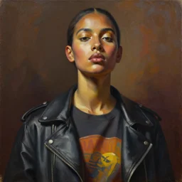 detailed portrait in strong femininity, ethnic, realistic face sculpted features, statuesque model, low perspective, modern fashion, aggressive jacket with graphic tee, warm glow, supple, bathed in light, chiaroscuro, specular highlights, angular impressionism, radiosity, deep rich tones, contemporary art, oil on canvas