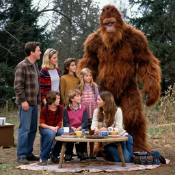 a freeze frame from an 80's sitcom about an American family that lives with bigfoot.