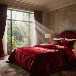 rich bedroom, beautiful detail, red velvet bedding, liminal space, high detail, rendered in unreal engine, 3d render, god rays, volumetric lighting, mansion, interior, large windows, vegetation