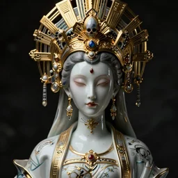 an evil portrait of an undead empress made of porcelain wearing a massive headdress made of ornate gold metal, art deco, smooth, intricate, elegant, graceful, dark fantasy, death and dying, digital painting, artstation, concept art, cinematic color scheme, sharp focus, digital matte paintning