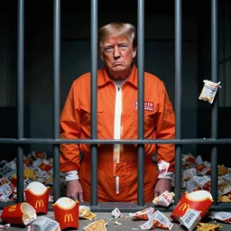 award winning photo of Donald Trump, wearing an orange jumpsuit, behind prison bars, surrounded by used McDonald's wrappers, dramatic, hd, 4k, 35mm, f/22