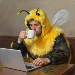 tired man in a bumblebee costume drinks coffee in front of a laptop, highly detailed, masterpiece, realist, oil on canvas