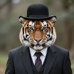 high quality 3/4 length portrait photo of an !older tiger! wearing a business suit and tie, wearing a bowler hat, !!wearing glasses!!, !Anthropomorphic!, photography 4k, f1.8 bokeh, 4k, 85mm lens, sharp eyes, looking at camera