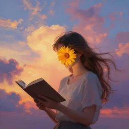 a girl reading a book, her hair flowing down, surreal photography, sunrise dramatic light, impressionist painting, colorful clouds, large sky, digital painting, artstation, simon stalenhag, flower face