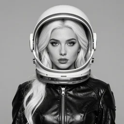 black and white - portrait of a woman wearing shiny leather suit and astronaut helmet, english face, refined features, moon goddess, long snow - white hair by jean gerome, edward hopper and james jean, hyper detail, 8 k, high resolution, ultra detailed