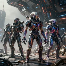 VFX movie of a futuristic inhuman alien spacemarines in future spaceship, detailed creature skin neon lighting by Emmanuel Lubezki