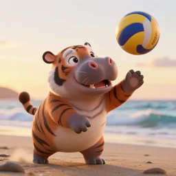 a closeup photorealistic photograph of a cute tiger hippo playing volleyball at the beach during sunset. Surf in the background. This 4K HD image is Trending on Artstation, featured on Behance, well-rendered, extra crisp, features intricate detail and the style of Unreal Engine.