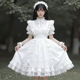 full body cute bombshell asian woman with black hair, victorian white ruffly dress. symmetrical face. symmetrical detailed defined eyes..