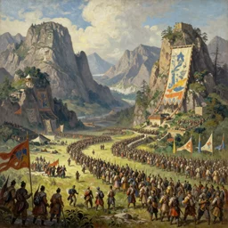 A huge army between two mountains, huge banners can be seen, fantasy, oil painting, extra detailed