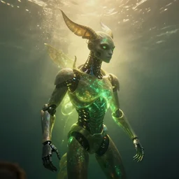 ( underwater ) middle length portrait of a glowing cyborg leshy, cinematic light, looking to the side off camera, backlight glow, green gold, mist, by mikhail vrubel, by philippe druillet, by peter elson, by gerald brom, muted colors, extreme detail, trending on artstation, 8 k
