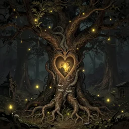 a beautiful digital illustration painting of a detailed gothic fantasy fireflies and roots, fantasy tree with heart carved into the bark by giorgio de chirico, and david rios ferreira. 8 k resolution trending on artstation concept art digital illustration