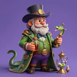 Uncle Aloysius, snake oil salesman, wild west crypto pharmaceutical industrialist apothecary alchemist tinkerer engineer, cute, fantasy, intricate, elegant, highly detailed, digital painting, 4k, HDR, concept art, smooth, sharp focus, illustration,  purple green color scheme, art by Ed Roth and H R Giger and Greg Rutowski and Lisa Frank