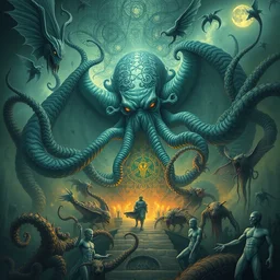 high intricate dreamy painting of cthulhu surrounded by interconnected otherworldy lovecraftian creatures, full shot, neil gaiman, maria panfilova, andrea savchenko, mike kime, ludovic plouffe, qi shengluo, oliver cook, julian calle, eddie mendoza, trending on artstation