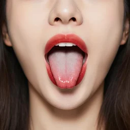 a girl's long tongue sticking out of her lips with red lipgloss.