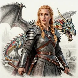 hyper realistic pencil drawing of Gillian Anderson as a viking princess, intricate detail, beautiful, battle armor, war, fight, light, dragon, colorful