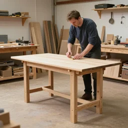 simple craftsman fine woodworker building a wooden table in their well lit clean open workshop, thomas lawrence, greg rutkowski