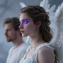 head and shoulder portrait profile by darek zabocki, tom bagshaw and jordan grimmer, female, violet glowing eyes, white intricated clothes, angel wings