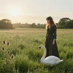 thistles, dew on the grass, sun, woman and a swan. a meadow, late english summer. folk horror style. beautiful. gothic. dreamy