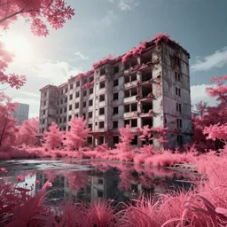 a beautiful hyperdetailed rendering of urbex unfinished building abandoned orphanage city nature building by winslow homer, bladerunner 2 0 4 9 tokyo rainforest lightpaint reclaimed by nature infrared fisheye lake meadow morning sun flowers cyberpunk, archdaily, wallpaper, highly detailed, trending on artstation.