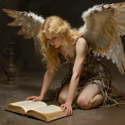 a blond angel with wings made from twigs is kneeling down on the floor, looking desperately at a thick open book, fantasy painting