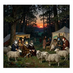 national geographic hasselblad medium format panorama of a midsummernight's dream renaissance forest hunting festival at sunset with masks of wolves and sheep in the style of, jugendstil, alma tadema, maxfield parrish, maurice sendak, classic japanese prints