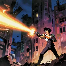 Killy firing a gravitational beam emitter, Tsutomu Nihei style, Koji Morimoto, Blame! brutalist architecture, colored