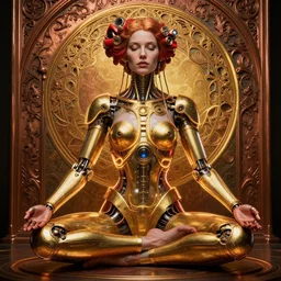 photo of a beautiful female meditating steampunk cyborg, is connected with glowing devices, golden glowing outlines, artwork by james jean, realistic gold and red metallic, jean delville, art nouveau, gustav klimt, ornate copper patina gothic icon, james jean, ultrasharp hyperdetailed photorealistic octane render