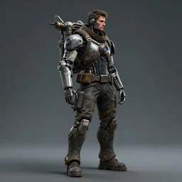 a fullbody wide shot of a rugged engineer with cybernetic enhancements using a jetpack, scifi character portrait by greg rutkowski, esuthio, craig mullins, full body shot, cinematic lighting, dystopian scifi gear, gloomy, profile picture, mechanical, half robot, implants, steampunk