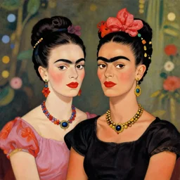 beautiful portrait of intricate jeanne moreau and frida khalo caracter, elegant, cartoonish style, vibrant palette, bokeh, trending on artstation, by henri rousseau