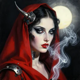 closeup digital portrait of a magic woman, chiaroscuro, red fabric, metalic parts, transparent smoke from hell, notan sun in the background, abstract, surreal art, painted by beksinski and android jones