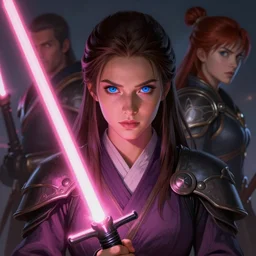 blue eyed brunette jedi girl!! pink lightsaber! fire emblem, art by artgerm and greg rutkowski and magali villeneuve, portrait, d & d, fantasy, highly detailed, digital painting, trending on artstation, concept art, sharp focus, illustration