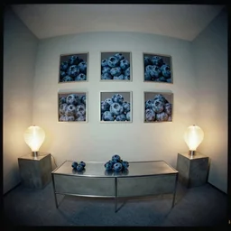 kodak portra 4 0 0, wetplate, 8 mm extreme fisheye, award - winning colour portrait by britt marling : a 1 9 6 0 s room, blueberry, square square picture frames, haze, concrete, shining lamps, 1 9 6 0 s metal furniture, no people